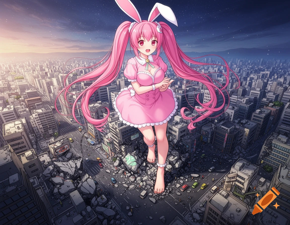 Cute anime giantess with pink pigtails, bunny ears, and a pink dress towers over a city, causing destruction.
