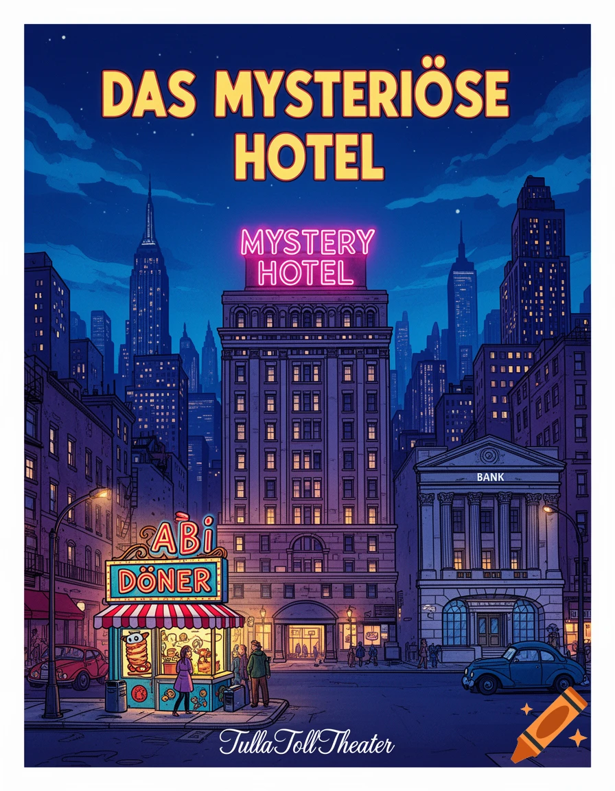 Comic art of a bustling city street at night with a grand hotel, a döner shop, and a bank, under text 'DAS MYSTERIÖSE HOTEL'.