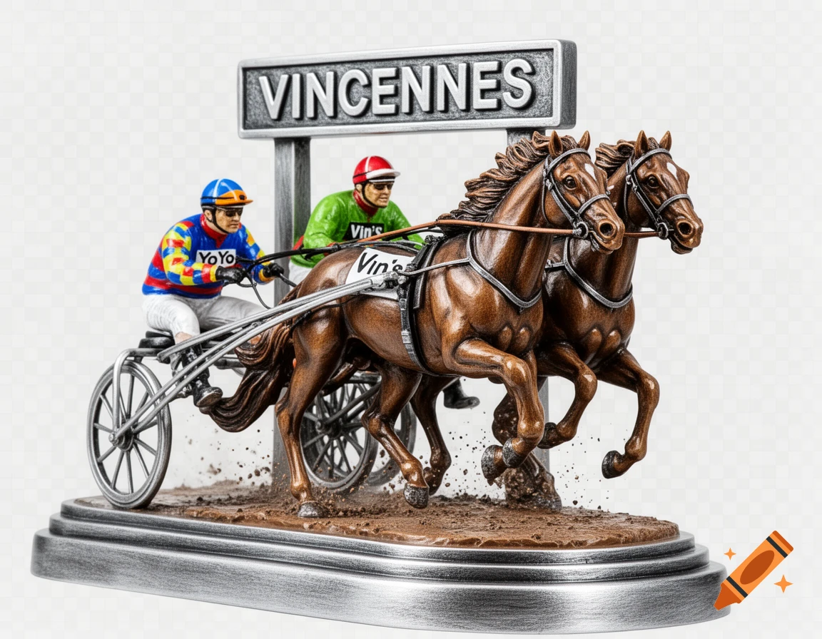Realistic trophy of two horses in a sulky race with jockeys, text 'VINCENNES' on a sign.