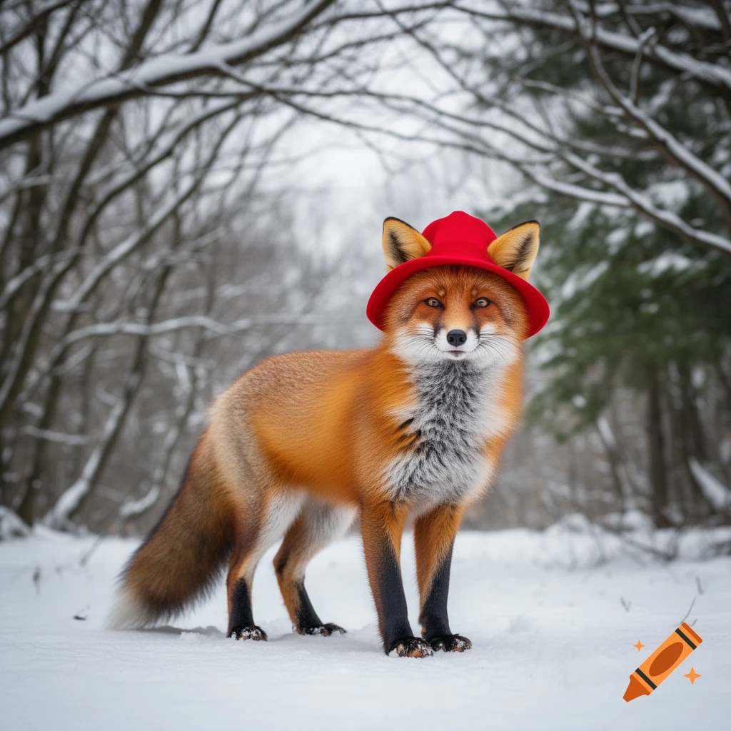 A red fox wearing a red hat stands in a snowy forest, looking directly at the viewer.
