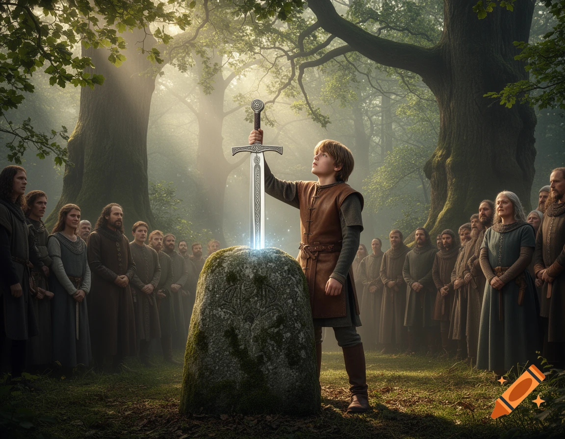 A young boy in medieval attire pulls a glowing sword from a mossy stone in a misty forest, watched by a crowd.