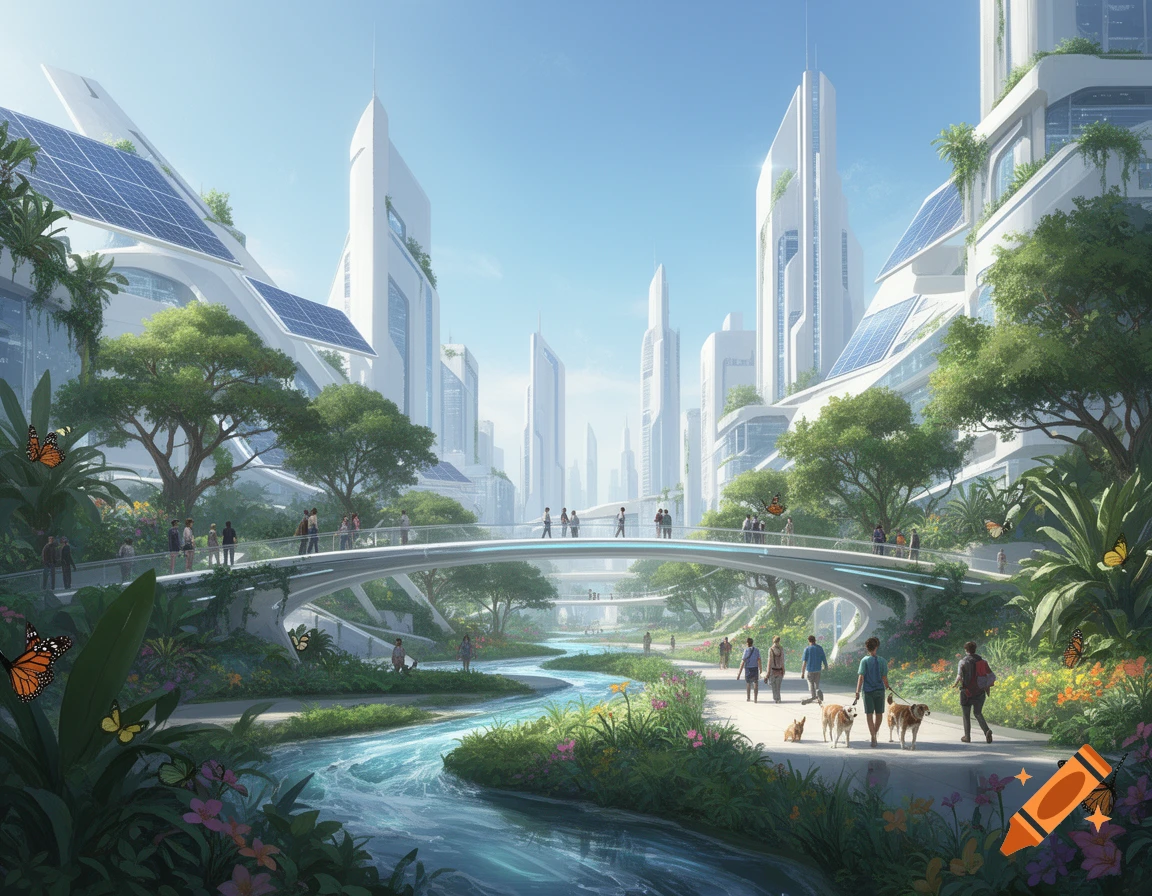 A vibrant futuristic city with white, solar-paneled buildings, lush green spaces, a flowing river, bridges with people, and butterflies.