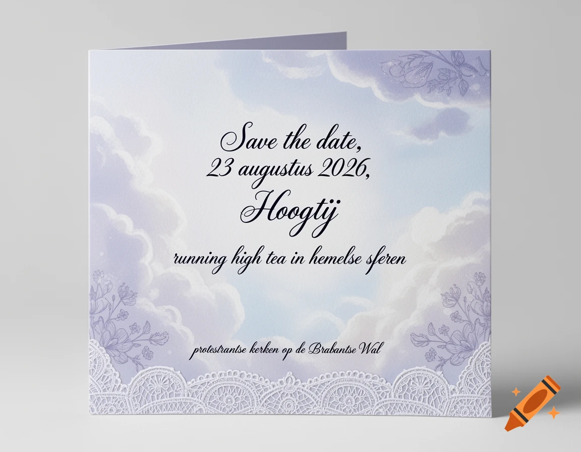 A wedding invitation card with a sky and clouds background, lace borders, and event details in black script font.