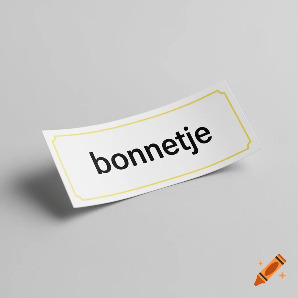 A white, slightly curled piece of paper with the word 'bonnetje' in black letters and a thin yellow border, on a light grey background.