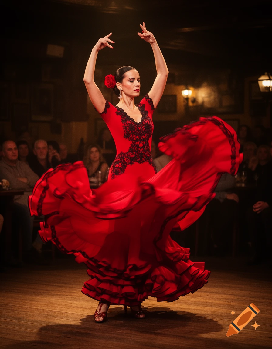 A woman in a vibrant red flamenco dress with black lace performs on a wooden stage, arms raised, in a dimly lit venue.