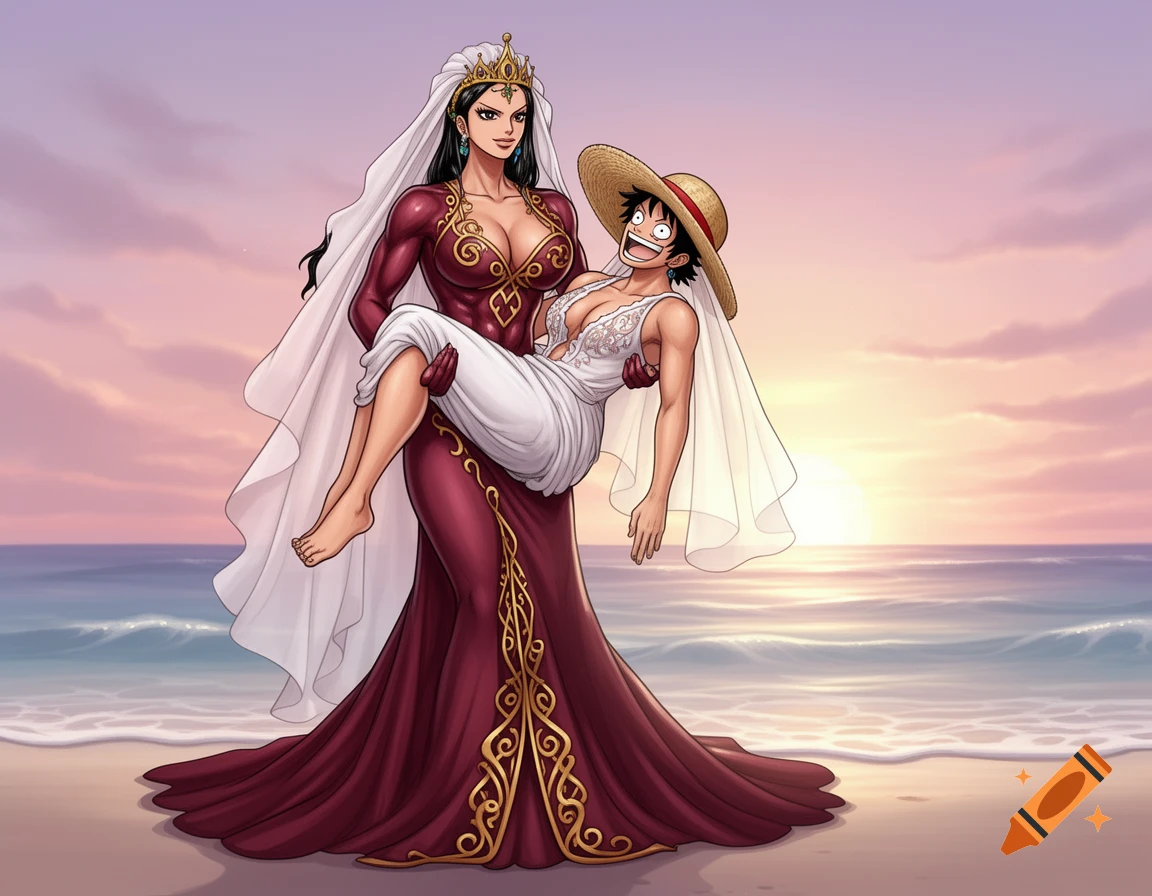 Boa Hancock, a tall woman in a red wedding dress, carries Monkey D. Luffy, in a white wedding dress and straw hat, across a beach at sunset in an anime style.