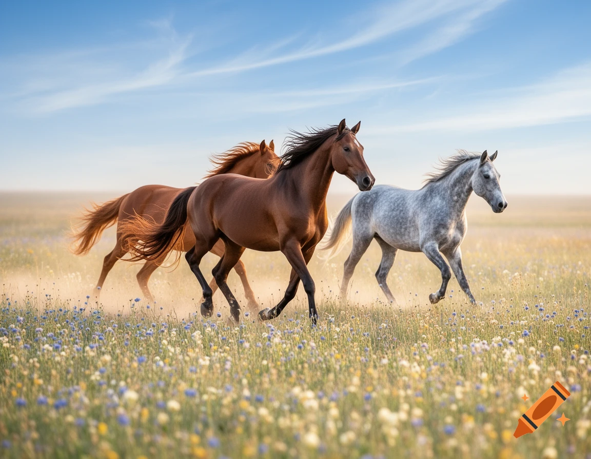 Three horses gallop through a sunlit field filled with colorful wildflowers, stirring up dust.