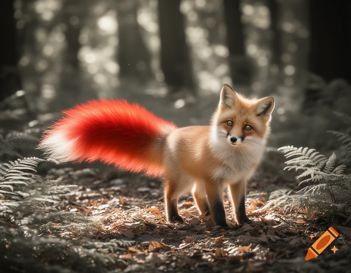 A photorealistic red fox with a vibrant red tail stands in a sun-dappled forest.