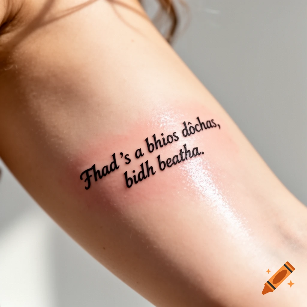 A close-up shot of a fresh black script tattoo on a person's inner arm, reading "Fhad 's a bhios dòchas, bidh beatha."