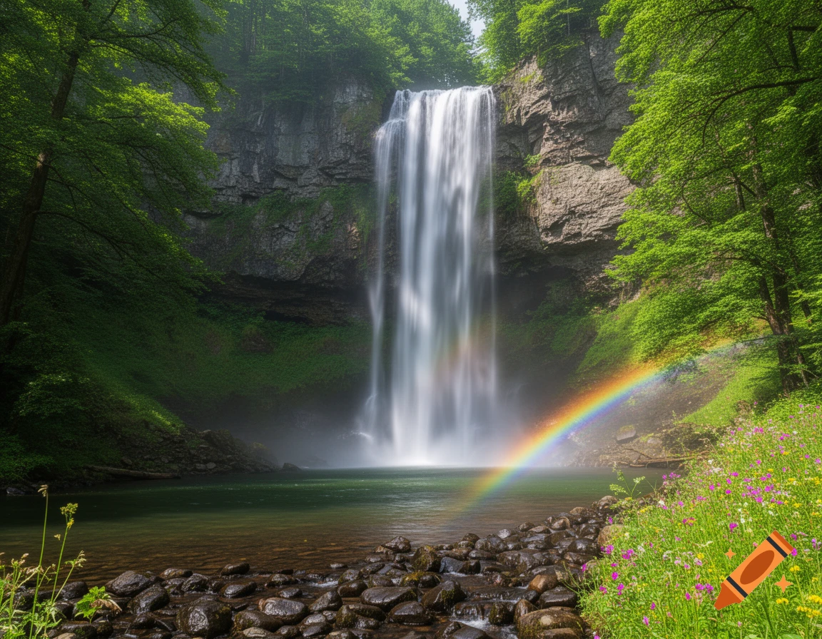 A tall waterfall cascades into a clear pool surrounded by lush green forest and rocky banks, with a vibrant rainbow arching over the water.