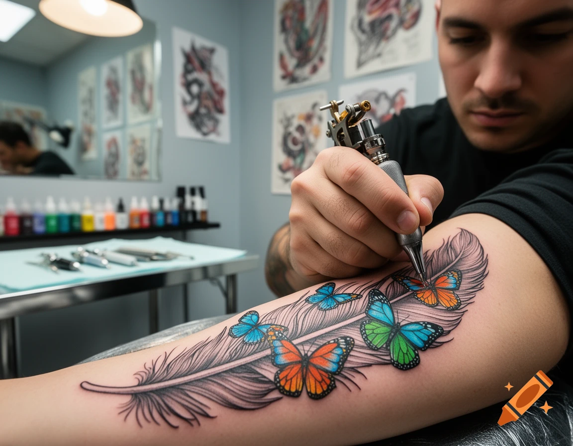 A close-up shot of a tattoo artist inking a vibrant feather and butterfly design on a person's arm.