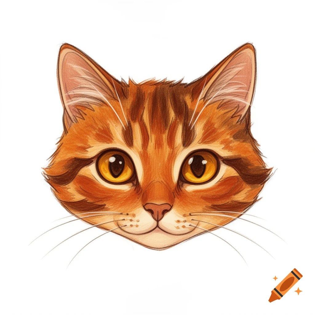 An orange and brown striped tabby cat's head with large yellow eyes, drawn in a colorful, cartoonish style against a white background.