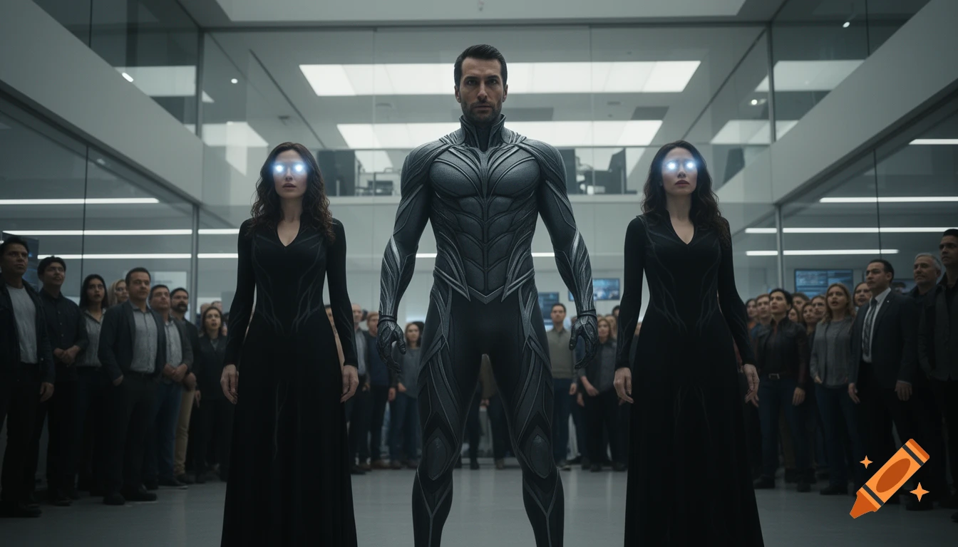A man in a dark, intricate armored suit stands between two women in black dresses with glowing eyes, in a modern building with a crowd behind them.
