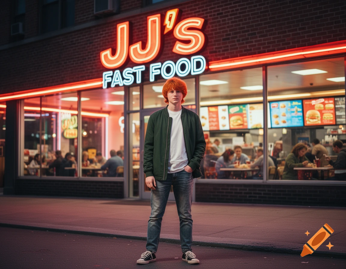 A ginger-haired person stands on a sidewalk in front of a brightly lit JJ's Fast Food restaurant at dusk, photorealistic.