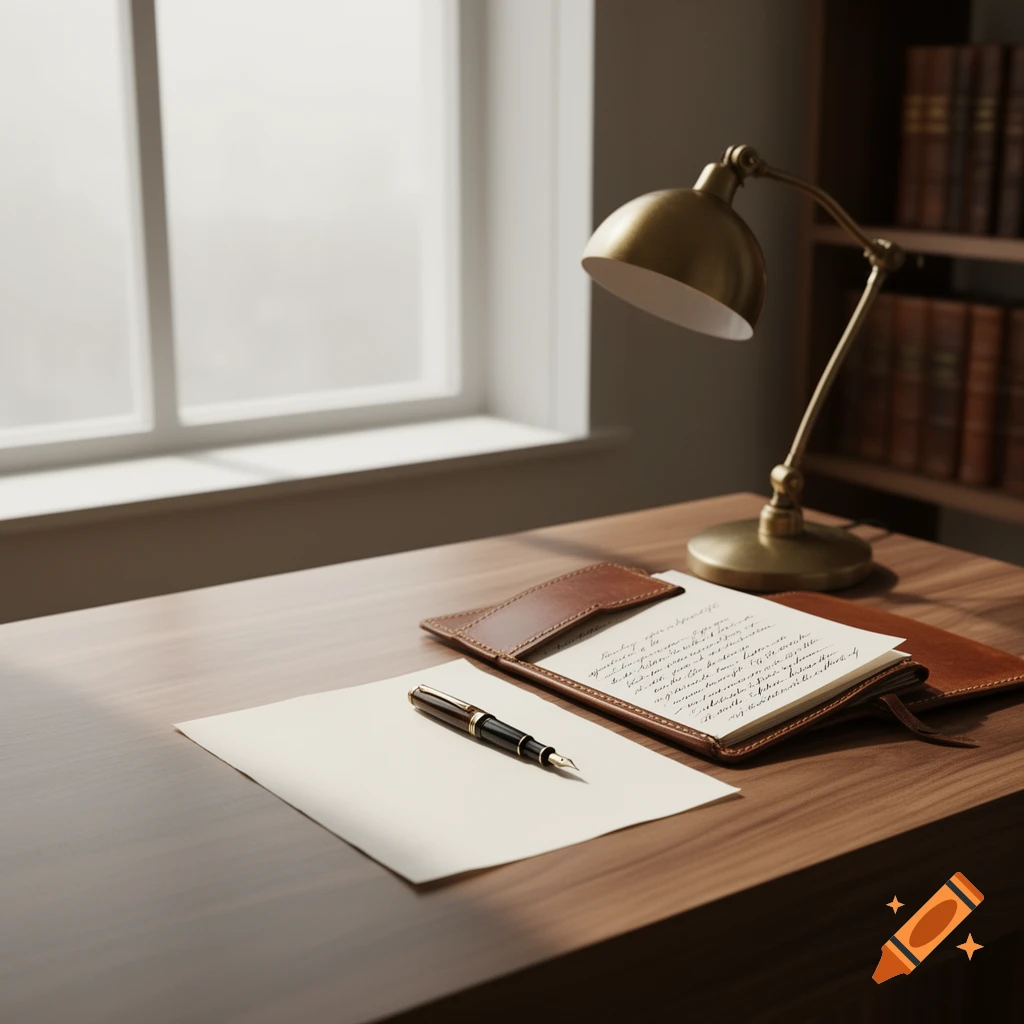 A classic desk setup with a brass lamp, an open leather notebook with illegible writing, a fountain pen, and a blank paper, next to a window.