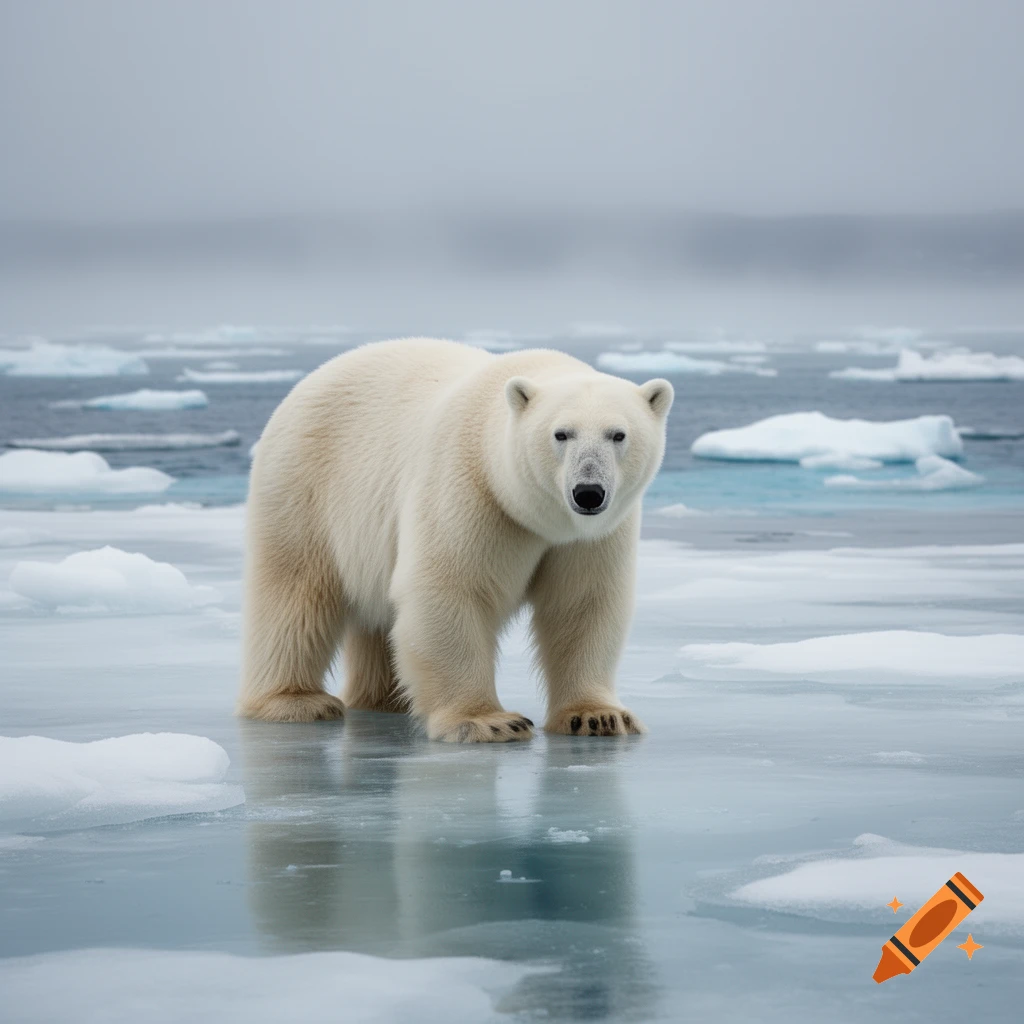 A majestic polar bear stands on a sheet of ice surrounded by ice floes and open water under a cloudy sky.