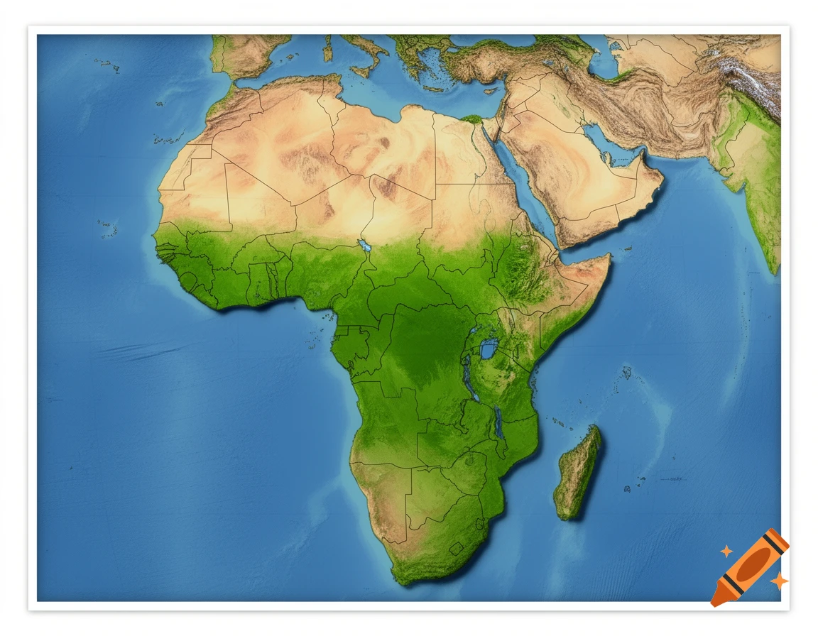 Topographical map of Africa showing green vegetation, tan deserts, and blue oceans with country borders.