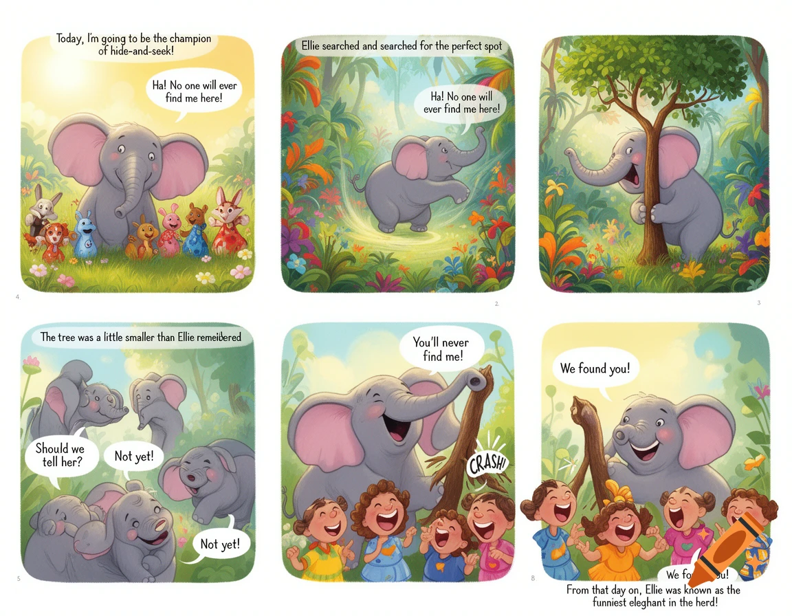 A colorful six-panel comic strip showing a young elephant named Ellie playing hide-and-seek with friends, comically failing to hide behind a small tree, and everyone laughing.