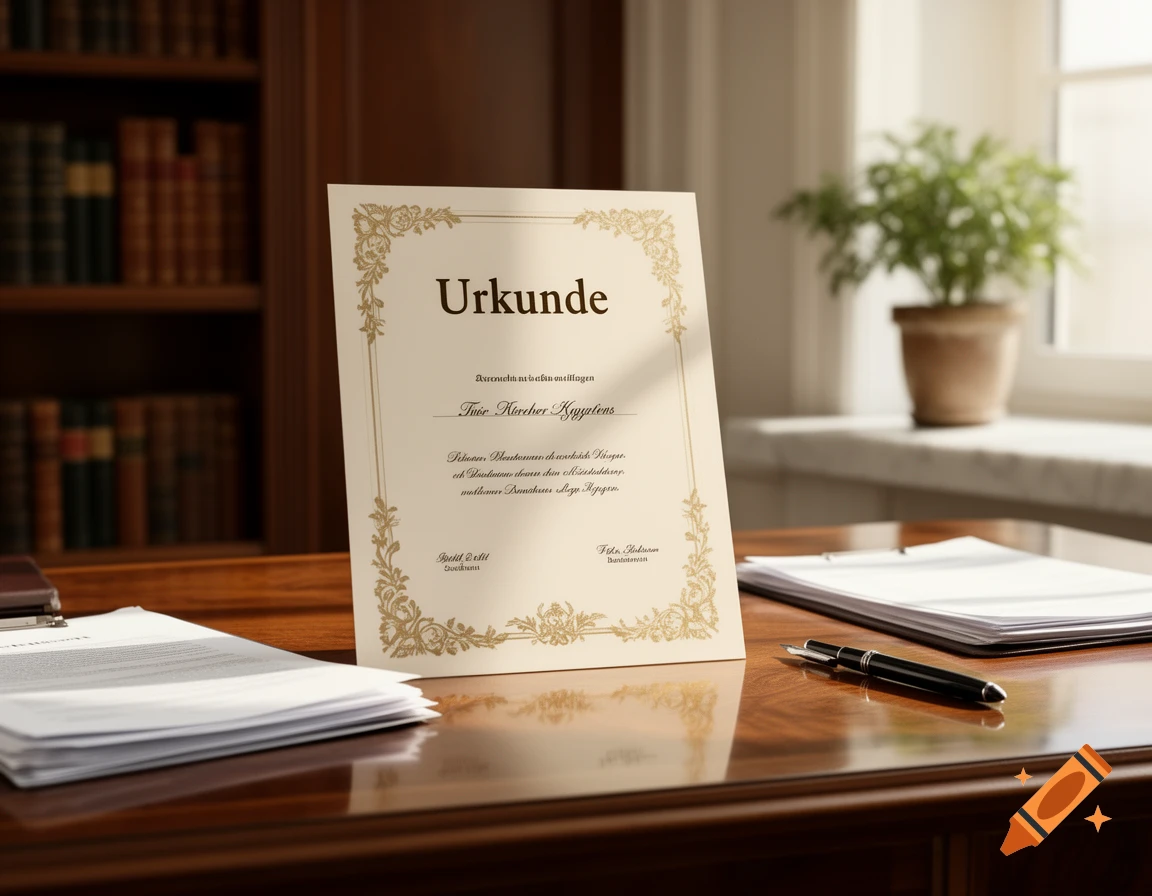 A close-up shot of a beige certificate with ornate gold borders titled "Urkunde" resting on a polished wooden desk, with a pen, papers, and a plant in the background.