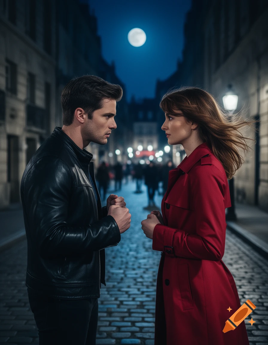 A man and woman intensely face each other on a dark, moonlit cobblestone city street at night, hands clenched.