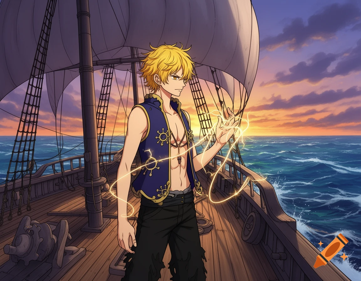Anime man with blond hair creating electricity on a ship at sunset.