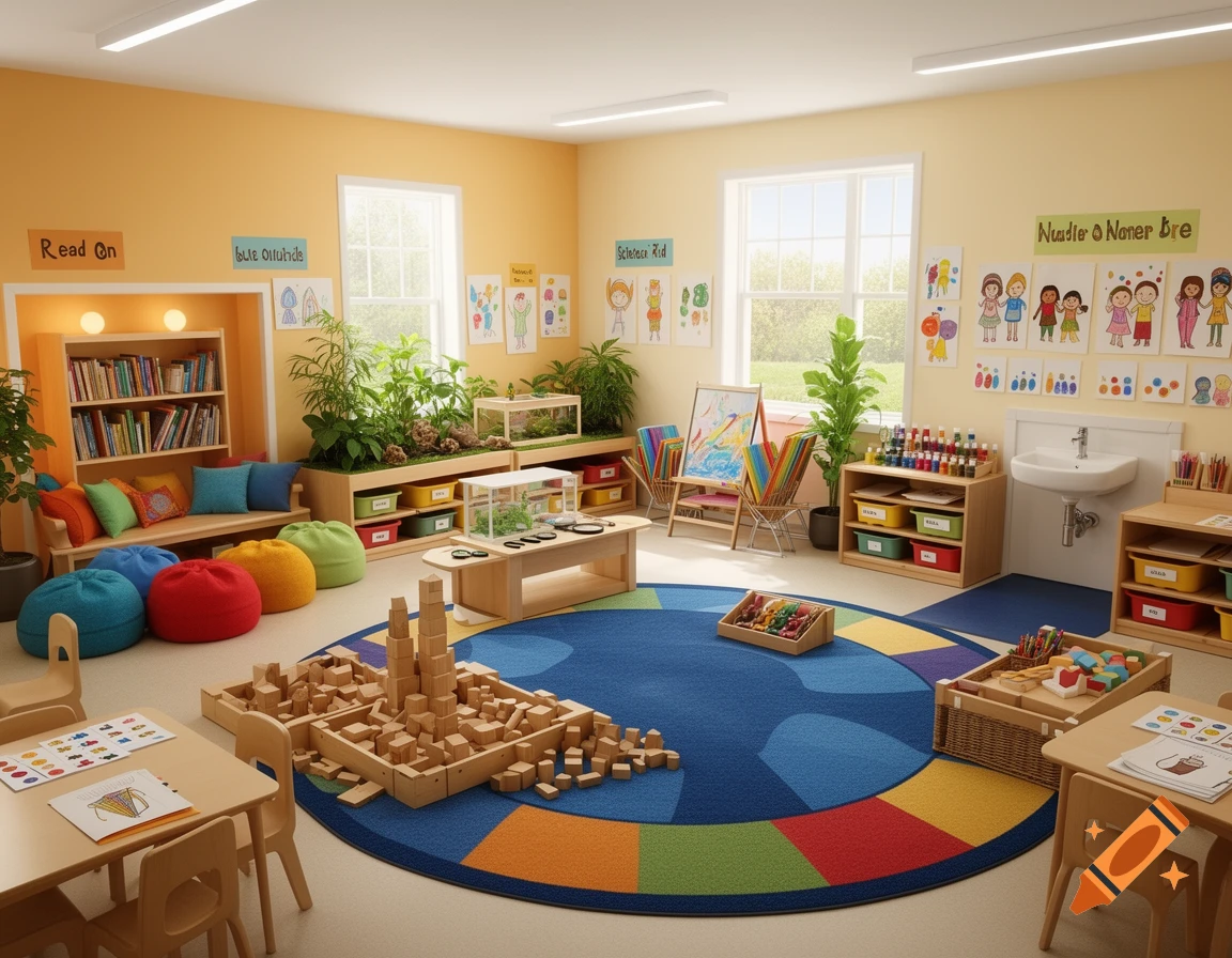 A bright, welcoming kindergarten classroom with reading, science, art, and block-building centers, colorful rug, small tables, and large windows.