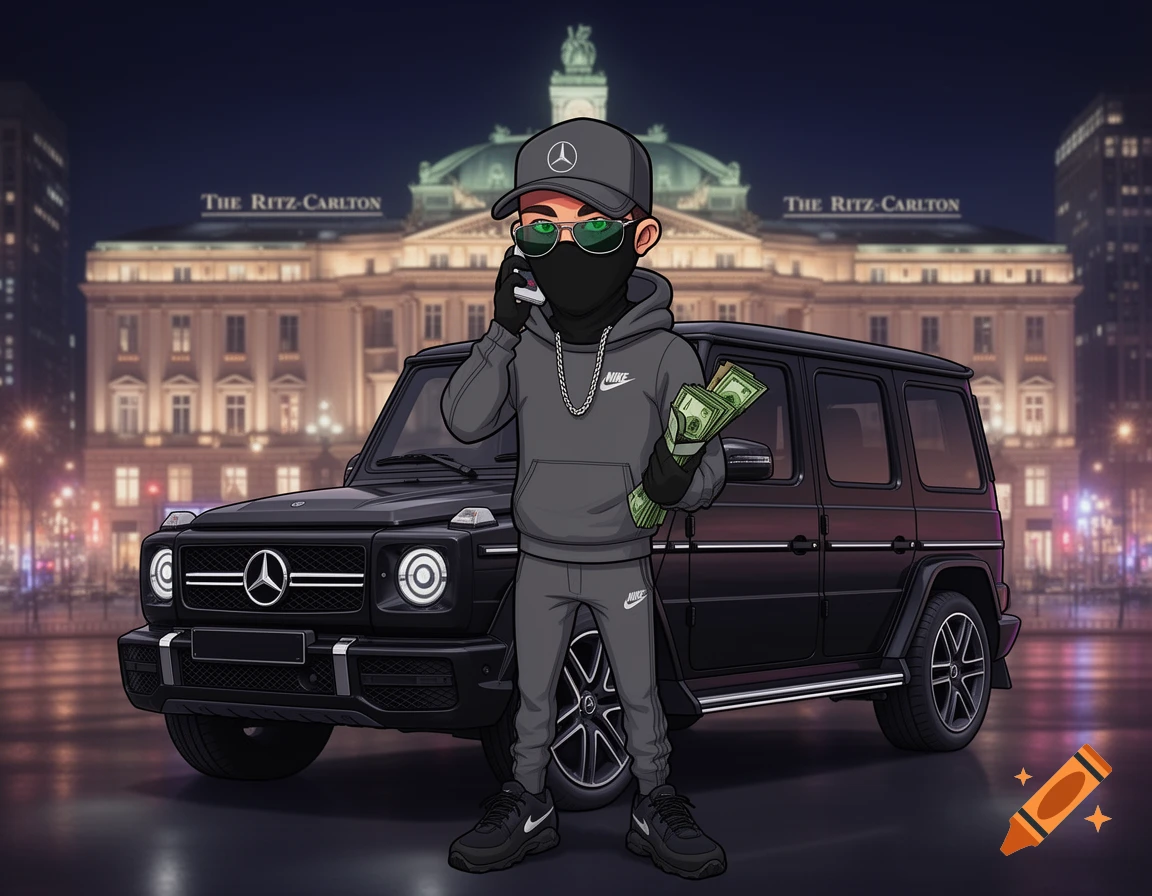 A cartoon character in a balaclava and cap, holding money to his ear, stands in front of a black Mercedes G-Wagon and The Ritz-Carlton hotel at night.