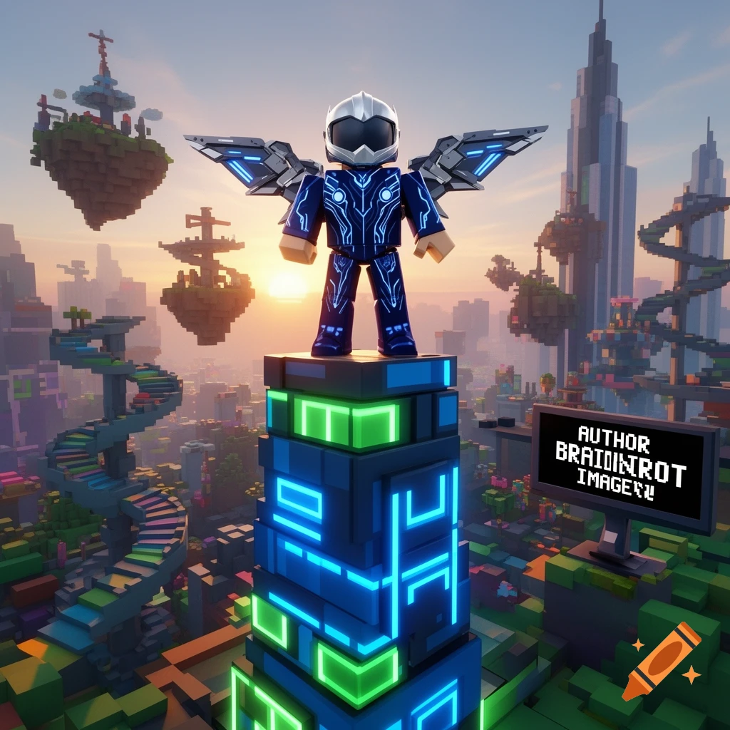 Roblox-style character with glowing wings on a futuristic tower in a voxel city with floating islands at sunset.
