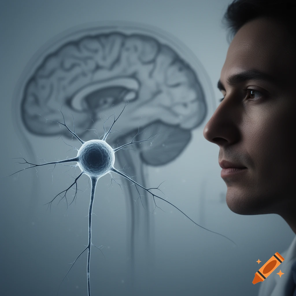 Profile of a man observing a glowing neuron cell, with a faint brain outline in the background, in a stylized scientific image.