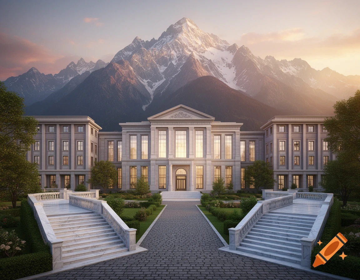 Grand academy building with two staircases and a formal garden, set against majestic snow-capped mountains at sunrise.