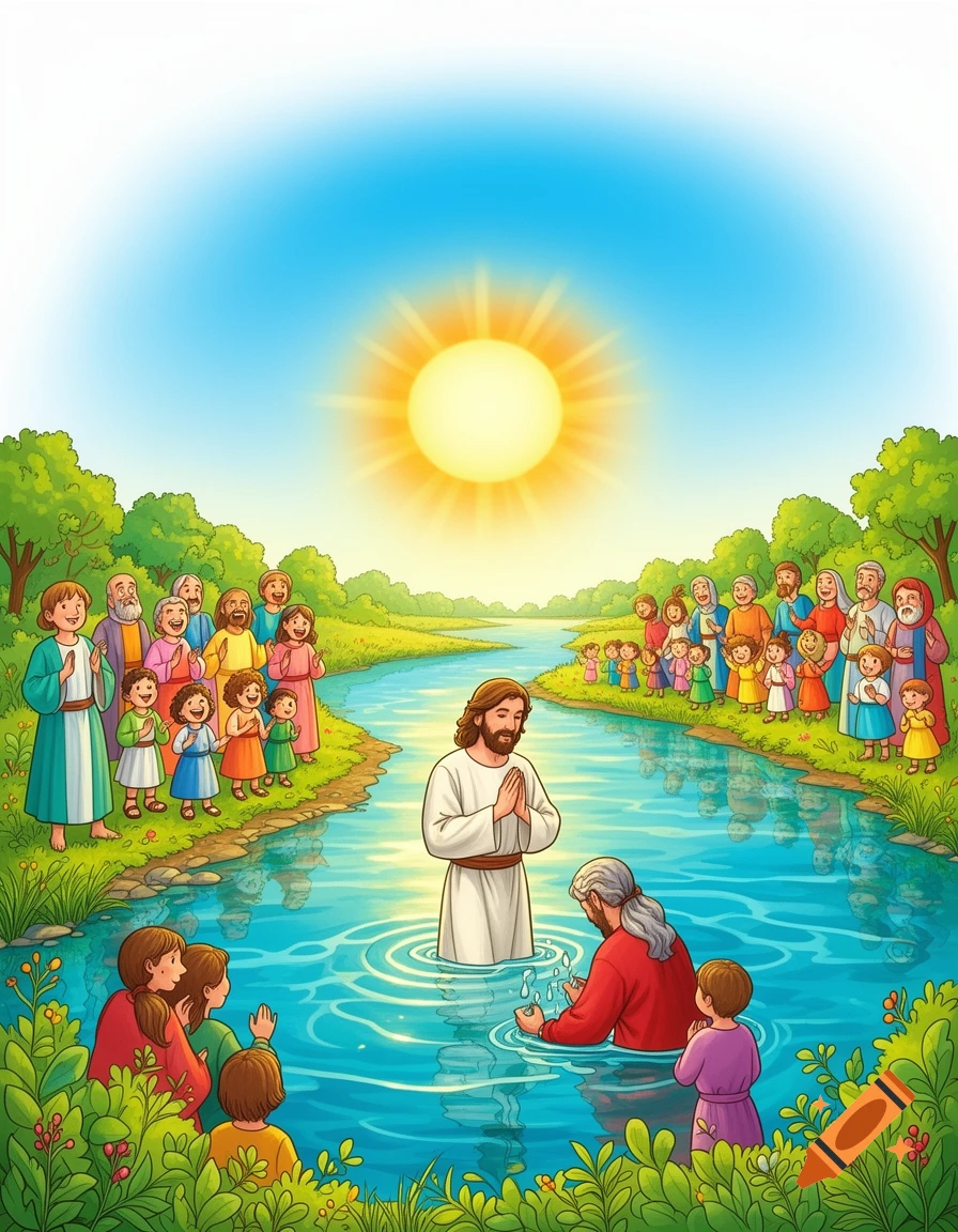 Cartoon illustration of Jesus being baptized by John the Baptist in a river, surrounded by a crowd on the banks under a bright sun.