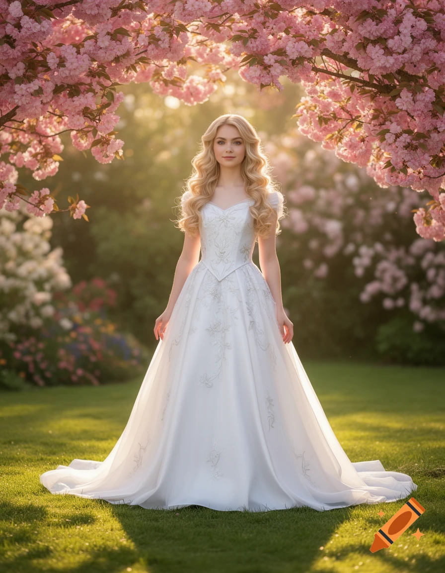 A young blonde woman in a white gown stands in a sunlit garden beneath pink cherry blossoms, looking like a princess.