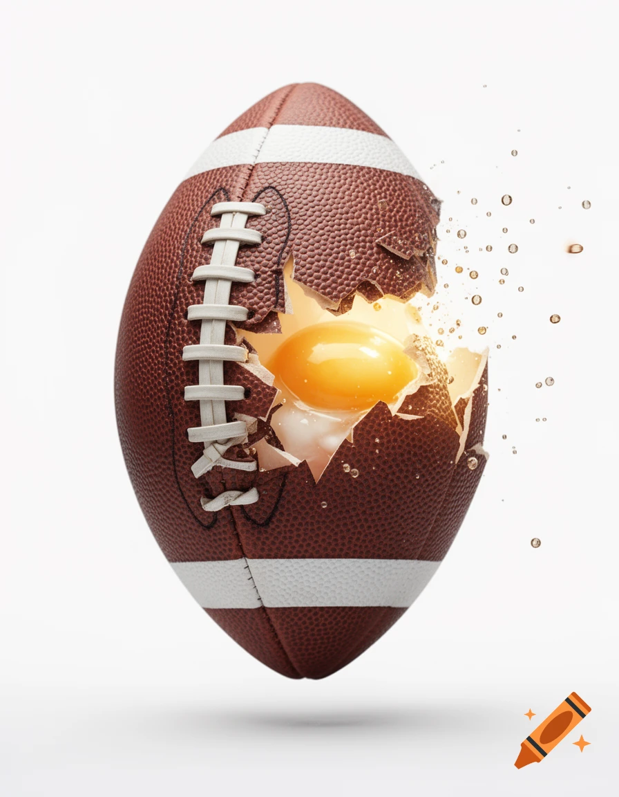 An American football cracked open like an egg, revealing a bright yellow yolk and white inside, against a white background.