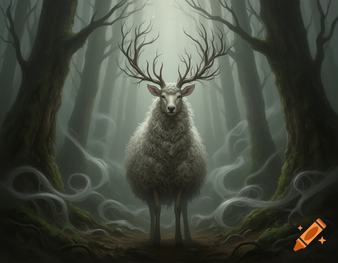 A surreal digital painting of a creature with a sheep's fluffy body and a deer's head with large antlers, standing in a mystical, foggy forest.