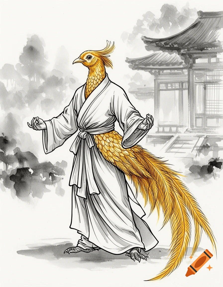 A golden pheasant character in a white monk robe stands in a martial arts stance, with a traditional Asian temple and misty trees in an ink wash style.