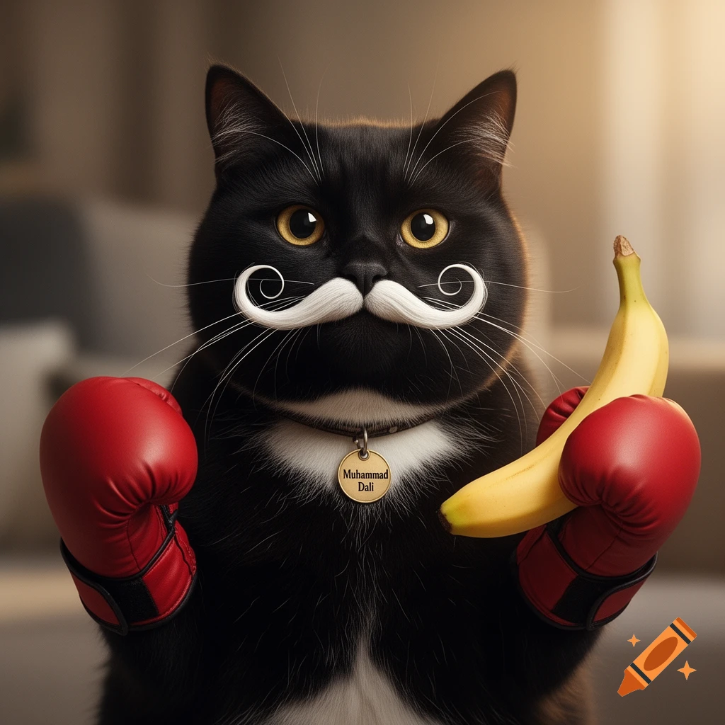 A black cat with a white Dali mustache and red boxing gloves holds a banana, wearing a collar with a 'Muhammad Dali' tag.