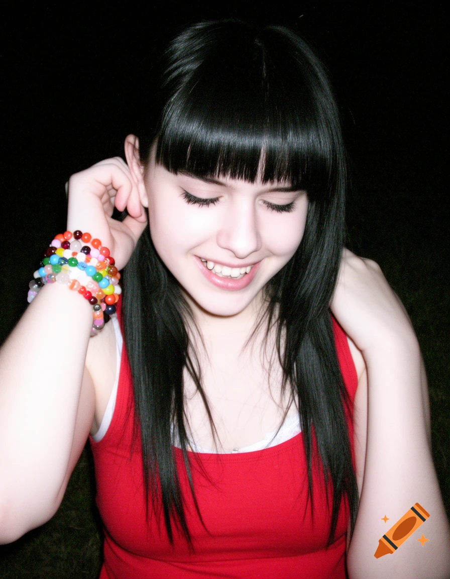 A smiling young woman with long black bangs, wearing a red tank top and multicolored bead bracelets, photographed with harsh flash in the dark.