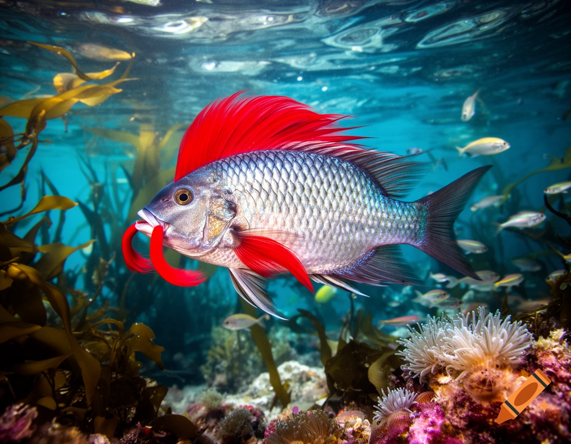 A silver fish with a vibrant red crest and red whisker-like fins swims in a clear blue underwater scene with coral.