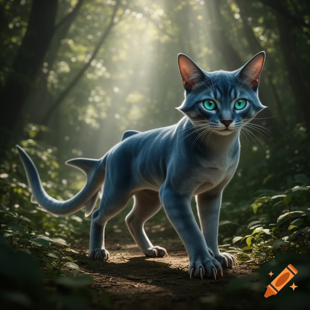 A blue cat-shark creature with glowing green eyes stands on a forest path with sunlight dappling through the trees.