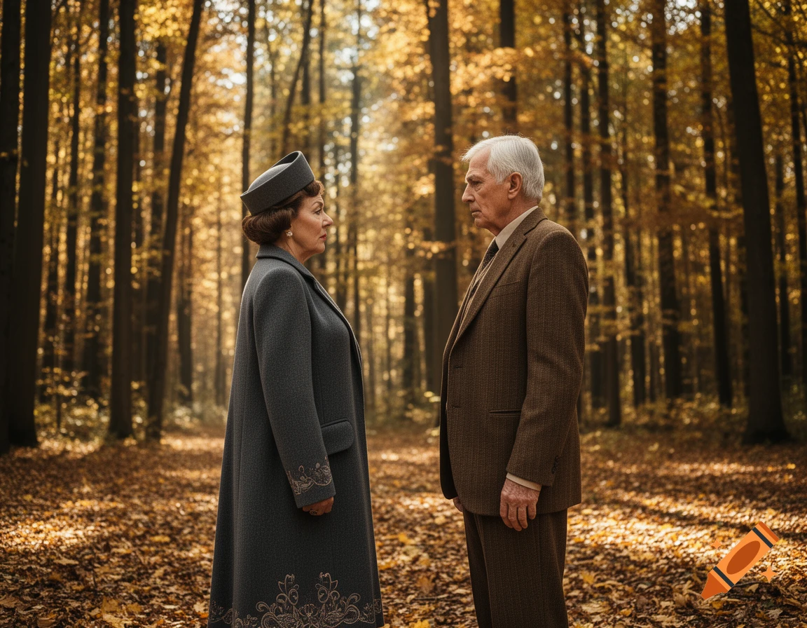 An older man and woman in period clothing stand solemnly facing each other in an autumn forest with golden trees and fallen leaves.