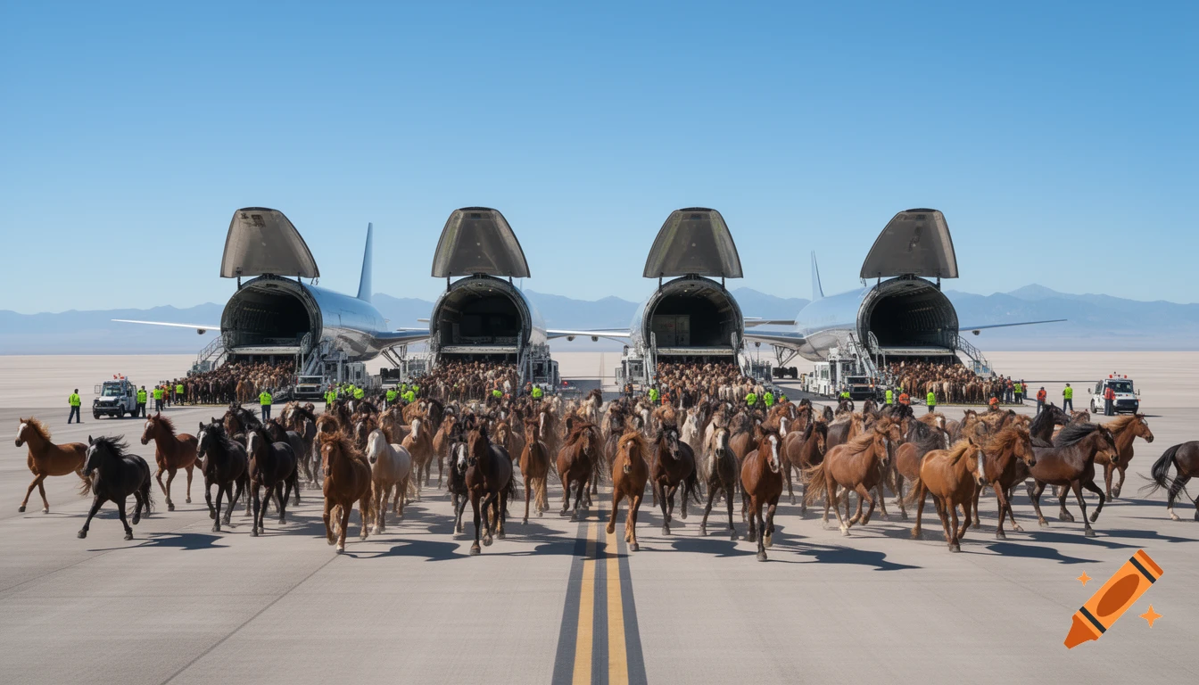Thousands of horses running across an airfield from the open cargo doors of four large transport airplanes under a clear blue sky.