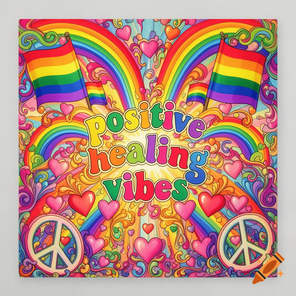 Vibrant psychedelic poster with rainbows, pride flags, hearts, peace signs, and the text 'positive healing vibes' in the center.
