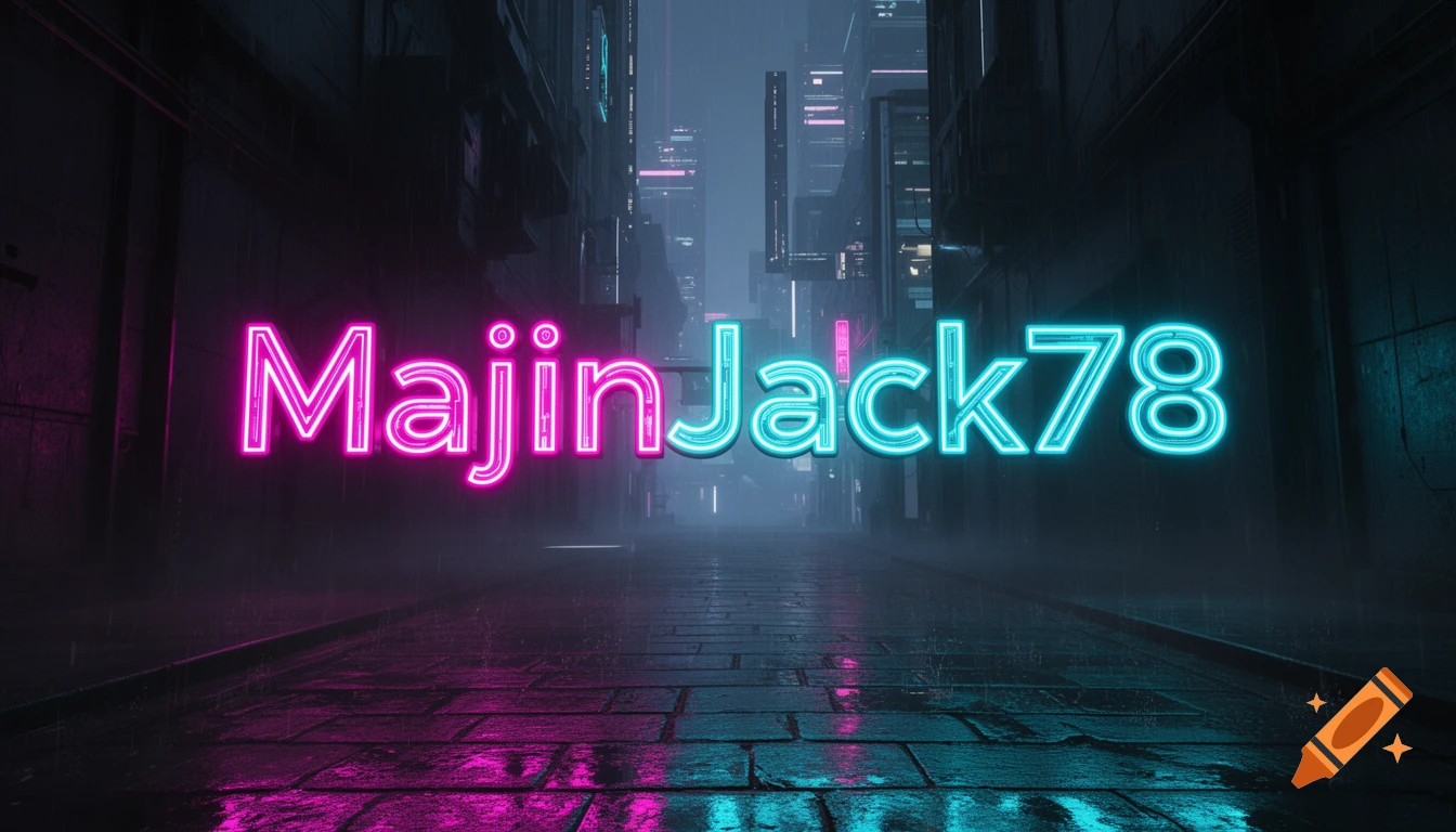 Neon sign for MajinJack78 in electric pink and cyan in a dark, rainy cyberpunk alleyway with reflections.