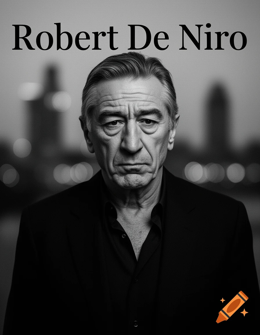 Black and white portrait of Robert De Niro with his name above, set against a blurred city background.