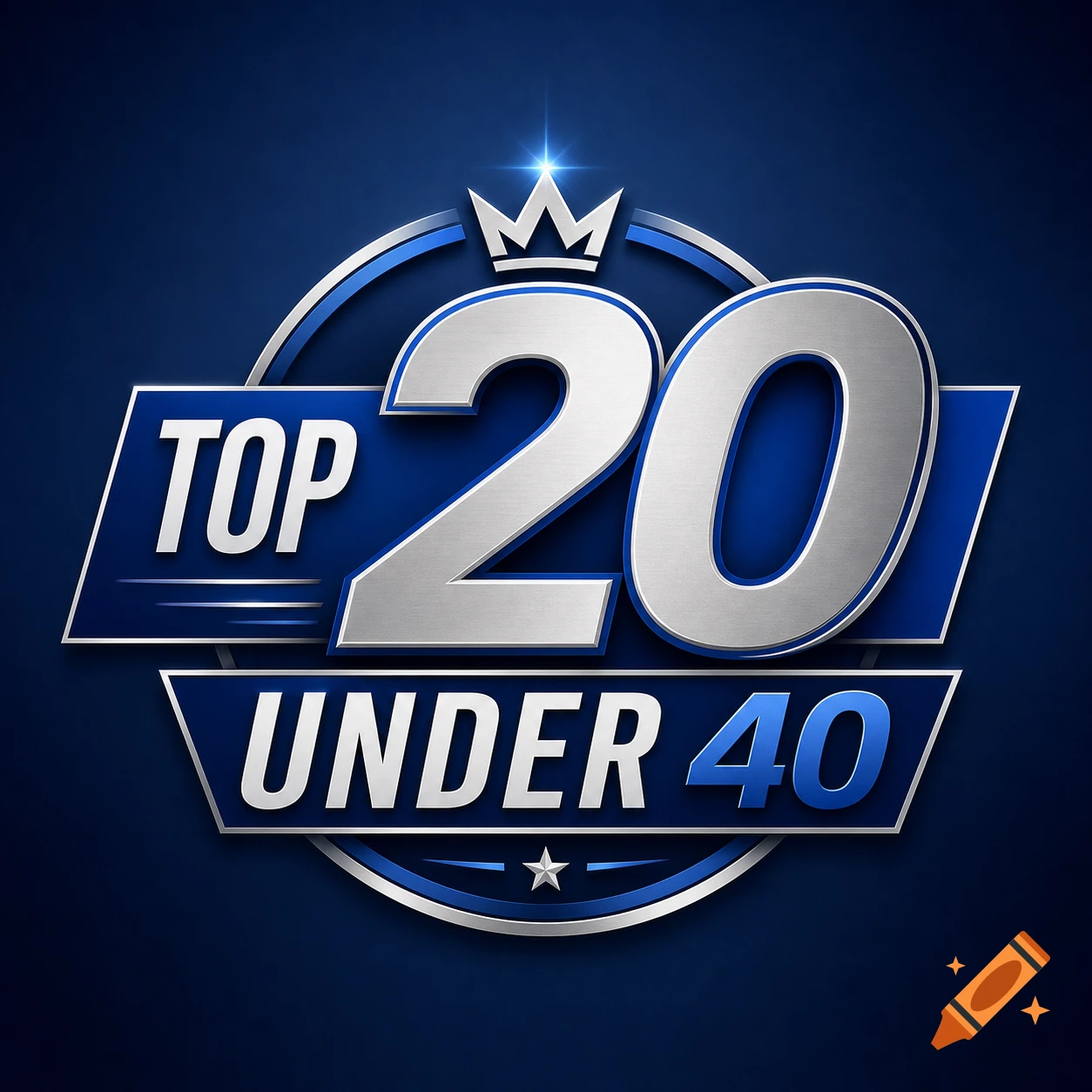 A blue and silver logo featuring a crown and the text 'TOP 20 UNDER 40' in a bold, metallic style.