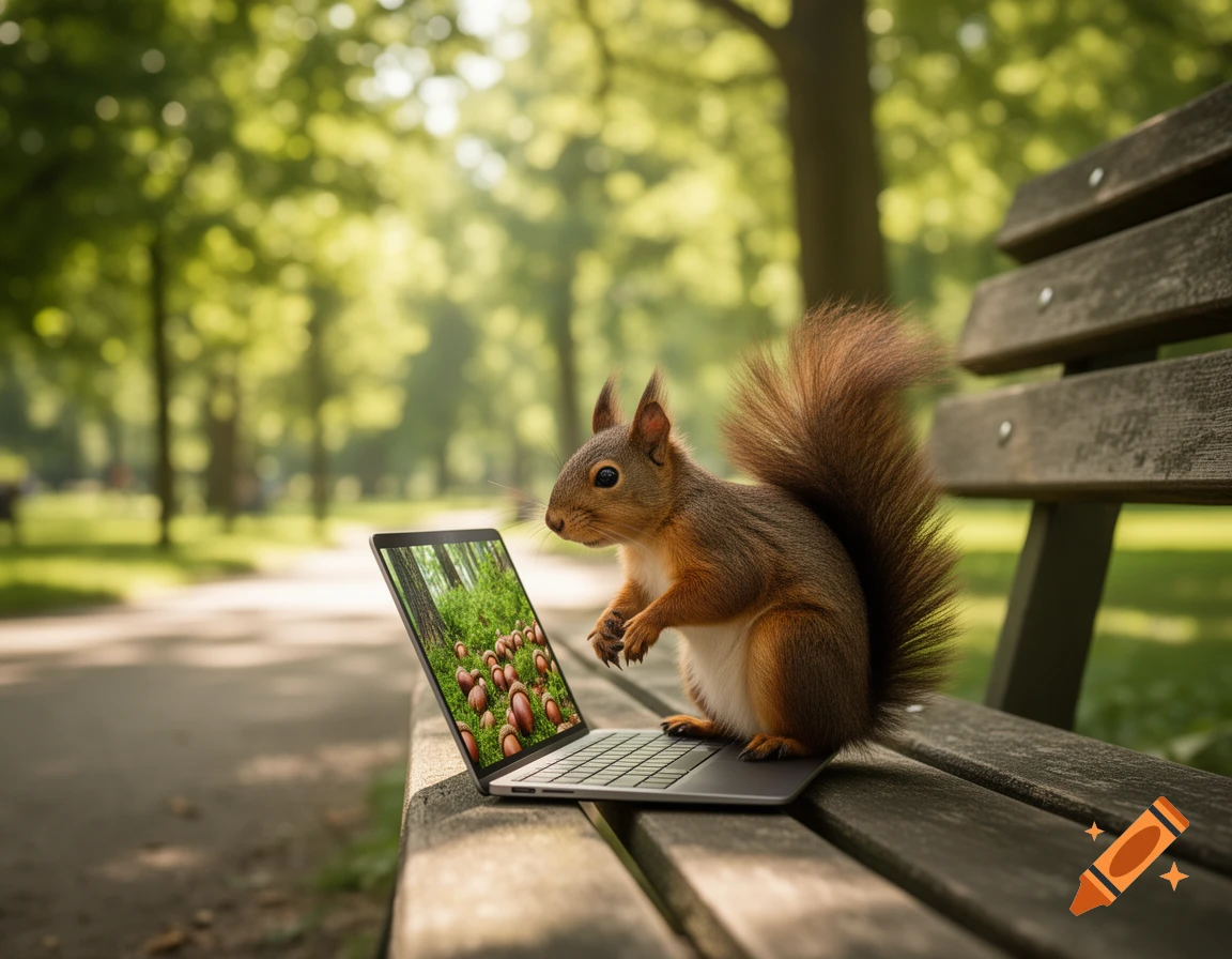 A photorealistic squirrel sits on a wooden park bench, peering at a laptop displaying an image of acorns.