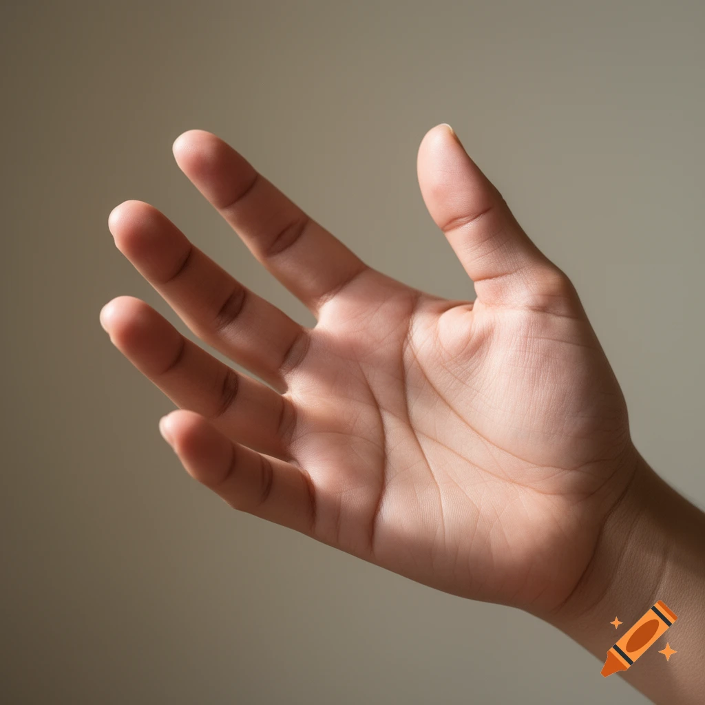 A close-up, softly lit photorealistic image of a hand with fingers splayed.