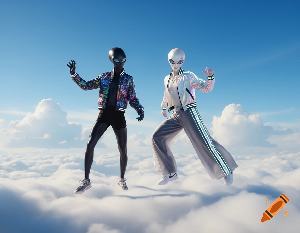 Two anthropomorphic aliens in vibrant futuristic streetwear float among white clouds in a bright blue sky.