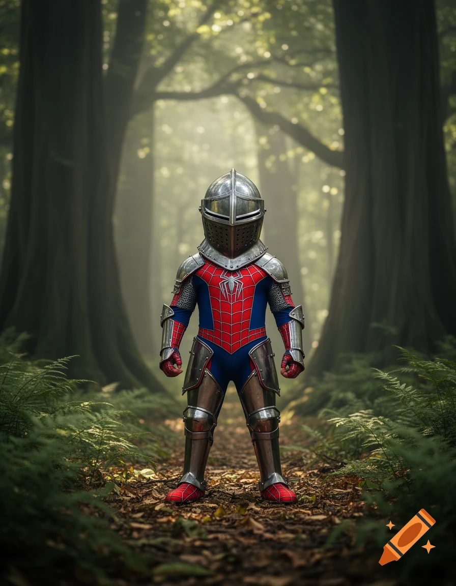A child-sized knight in Spider-Man inspired medieval armor stands on a forest path, surrounded by tall trees and ferns.