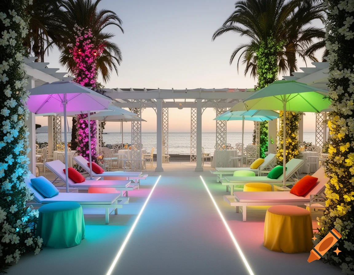 A luxurious beach resort at dusk with colorful lounge chairs, neon-lit umbrellas, and palm trees overlooking the ocean.